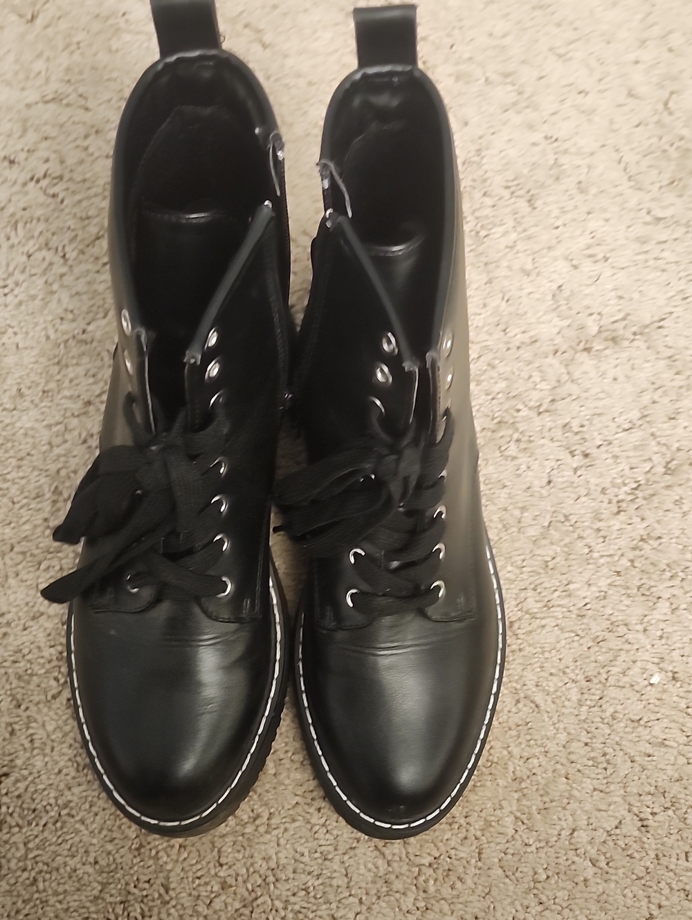 Madden Girl Black Lace-Up Combat Boots with Contrast Stitching